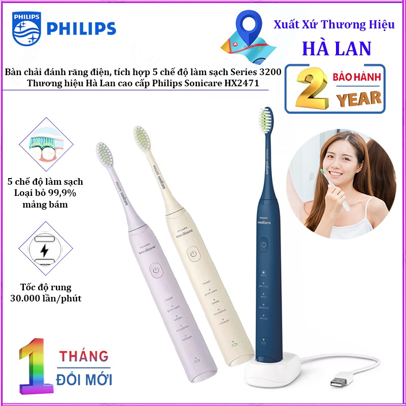 Bàn chải đánh răng điện Philips HX2471 - 5 chế độ làm sạch, công nghệ âm thanh, màu xanh dương