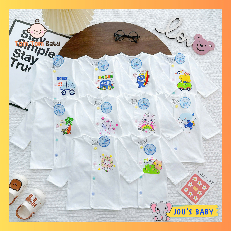 (3-11kg) - Áo Sơ sinh Cotton Tay Ngắn, Tay Dài Trắng Nút Giữa JOU cho bé trai, bé gái