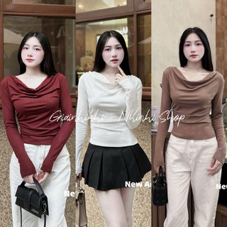  Áo thun dáng ôm cổ thuyền đổ Áo kiểu tôn dáng cổ đổ dài tay AT7637-G4TH - NhiNhi Shop 