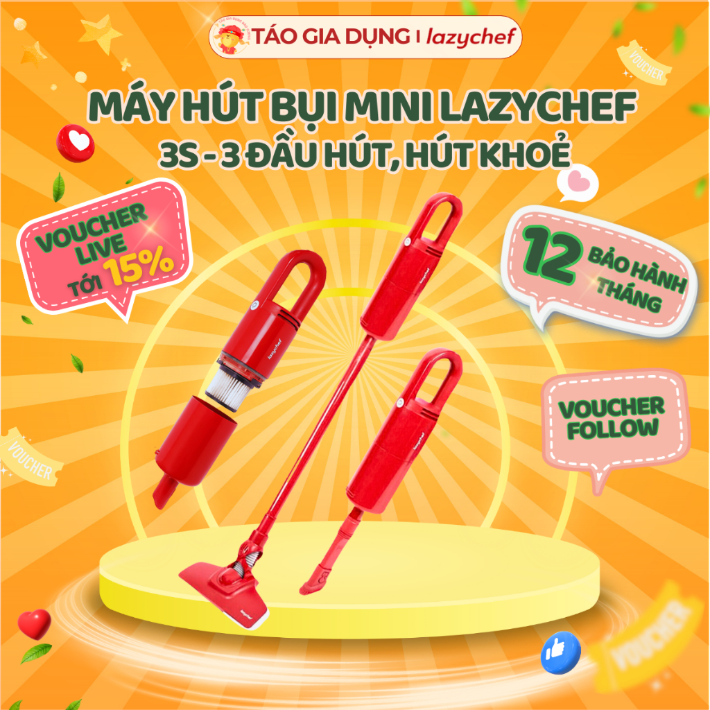 Máy hút bụi cầm tay mini 400w Lazychef - 3 Chi Tiết -3S để tháo nắp, lực hút cực khoẻ, nhiều đầu hút