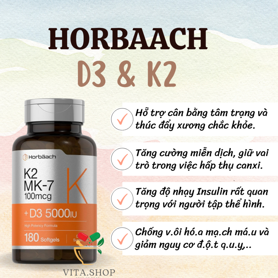 Viên Uống D3 K2 Hỗ Trợ Xương Khớp & Sức Khỏe Tim Mạch Horbaach D3 5000IU K2 MK7 100mcg 180 viên