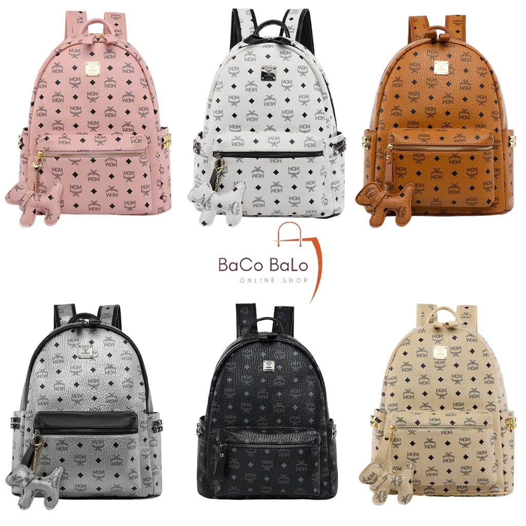 Balo Da Đi Học Size 39cm - Họa Tiết MOM Kèm Móc Cún, Chất Liệu Da PU, Hàng Quảng Châu Cao Cấp