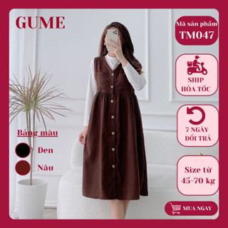 Yếm bầu công sở váy bầu thu đông yếm rời đen nâu dáng babydoll cổ V vải nhung tăm TM047