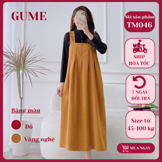 Yếm bầu công sở váy bầu thu đông vải nhung tăm nâu ,đỏ dáng suông dập ly ngực, quai đeo bản to TM046