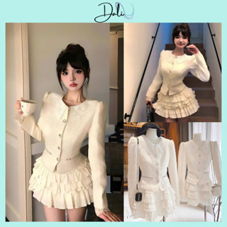 Set Áo Dạ Trắng Phối Cổ Ren Hoa 2 Lớp + Chân Váy Tầng Có Quần Trong