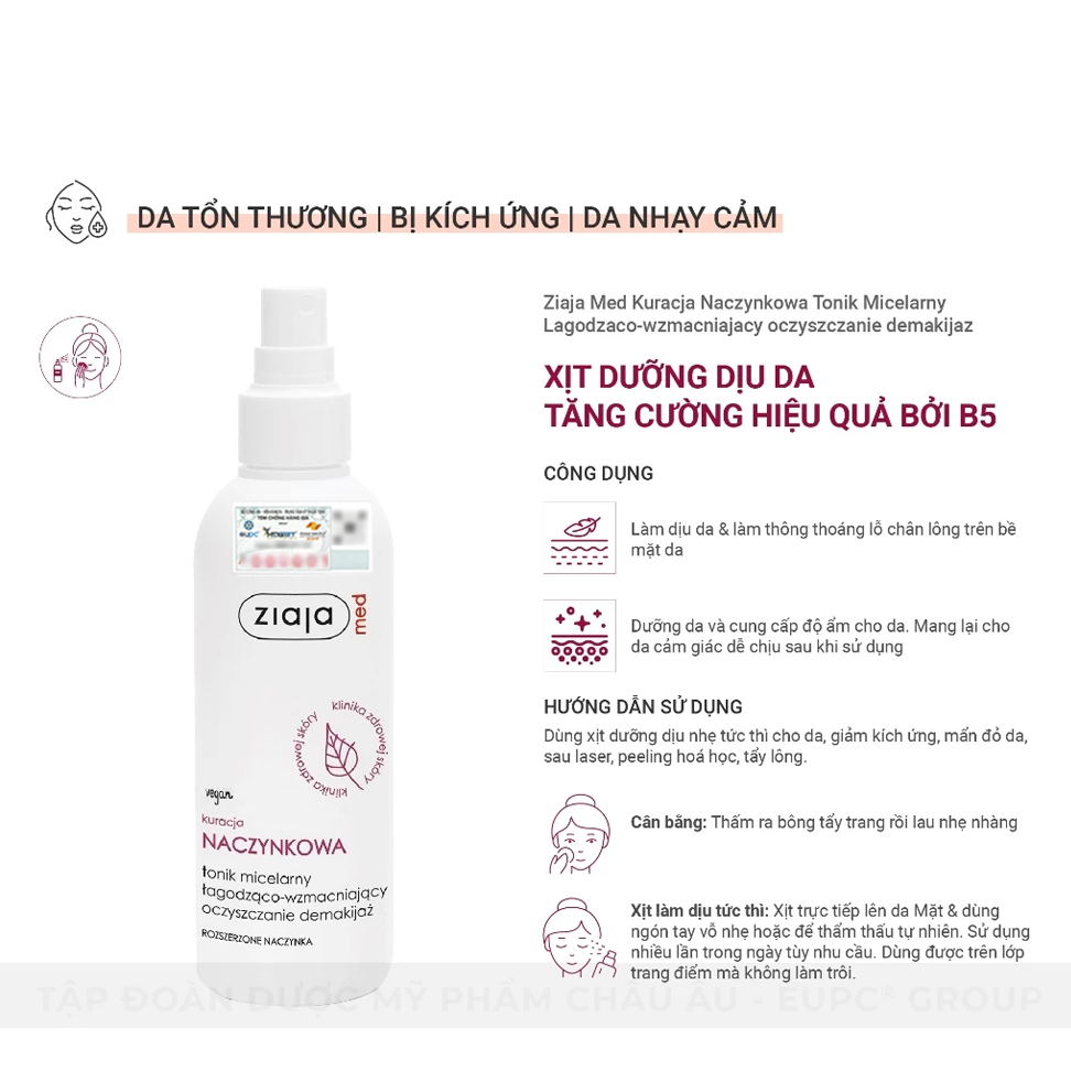 Toner Xịt Dưỡng Ziaja Tăng Cường Hiệu Quả Bởi B5 Ziaja Med Kuracja Naczynkowa Tonik Micelarny Lagodzaco 200ml - Dr Thêm