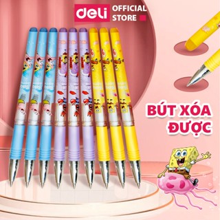  Bút gel xóa được mực Đen Xanh Tím SpongeBob Deli ngòi 0.5mm có gôm trên thân phù hợp học sinh bút viết mực đều trơn tru 