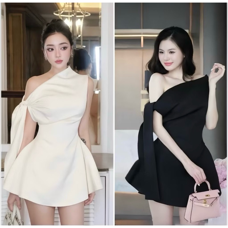 [V1.834] Váy Thiết Kế Lệch Vai Buộc Nơ Chiết Eo Dáng Xoè Sang Chảnh 2 Màu | BigBuy360 - bigbuy360.vn