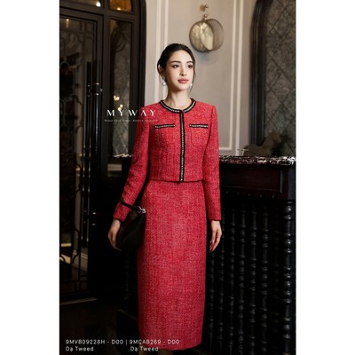 Set Áo Vest Chân Váy Nữ MY WAY Dạ Tweed Dáng Dài Phối Viền Đen Sang Trọng 9MCAB269W -9MVB09228HW