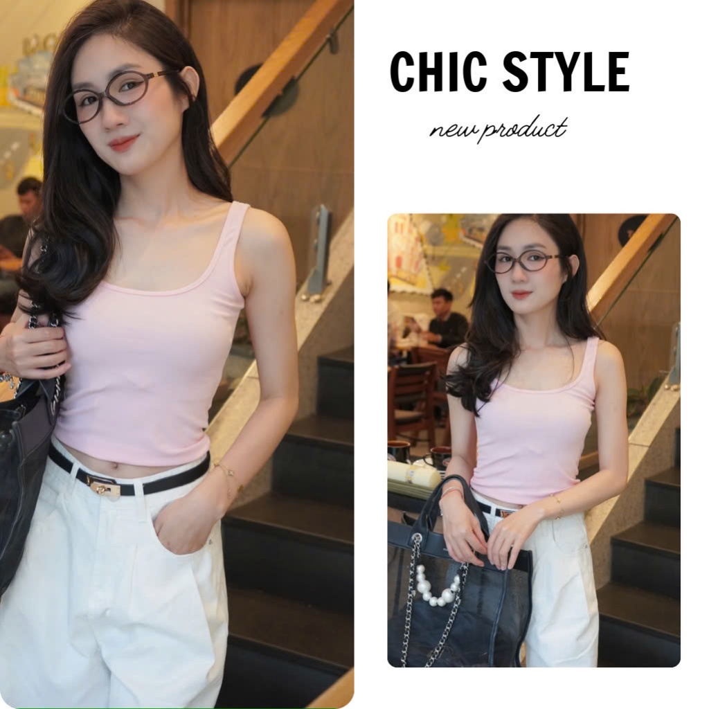 Áo ba lỗ nữ màu hồng Chic Top cá tính chất co giãn freesize, AO1, Chic Style