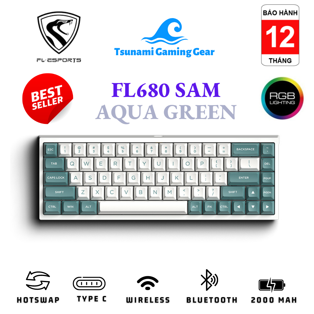 Bàn phím cơ FL-Esports FL680 SAM Aqua Green RGB/ Bluetooth / Wireless 2.4Ghz / Gateron Cap Switch