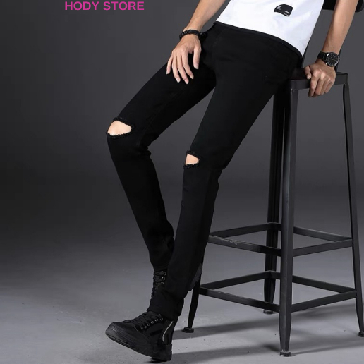 Quần Jean Nam Đen Rách Gối, Quần Jean Nam Chất Bò Cao Cấp Co Dãn 4 Chiều Form Dáng Skinny Đẹp Chuẩn