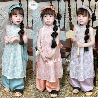 [ CHÍNH CHỦ ] Áo Dài Yếm Bé Gái CHICHU Cách Tân Đũi Hàn Xịn 3 Màu Hoa Ngọt Ngào Phối Quần Lụa TẶNG CÀI