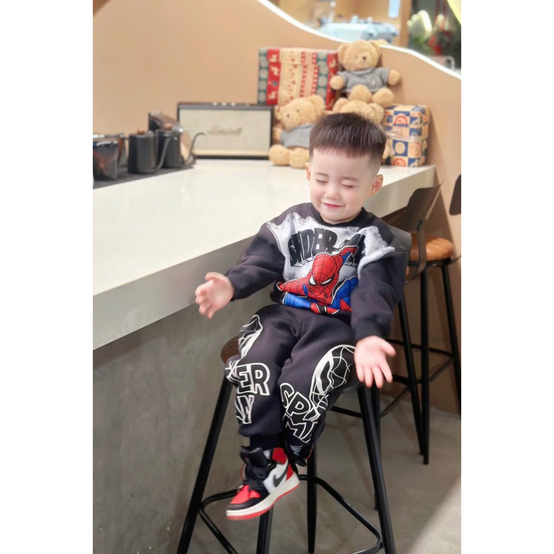 Đồ bộ dài tay bé trai Minibebé bộ siêu nhân bé trai, bộ dài tay bé trai in hình Spider.man đen