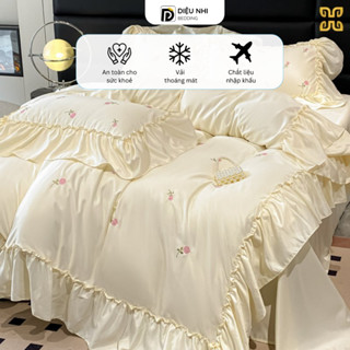 Bộ Chăn Ga Gối Phi Lụa Nhập Khẩu Viền Bèo Tiểu Thư Thêu Hoa Hồng Xếp Viền Bèo Xinh Xắn Mềm Mượt