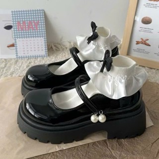 Giày lolita nữ độn đế 5cm (chân gầy mỏng lùi size) chất da bóng gắn quai ngọc đi mềm êm chân