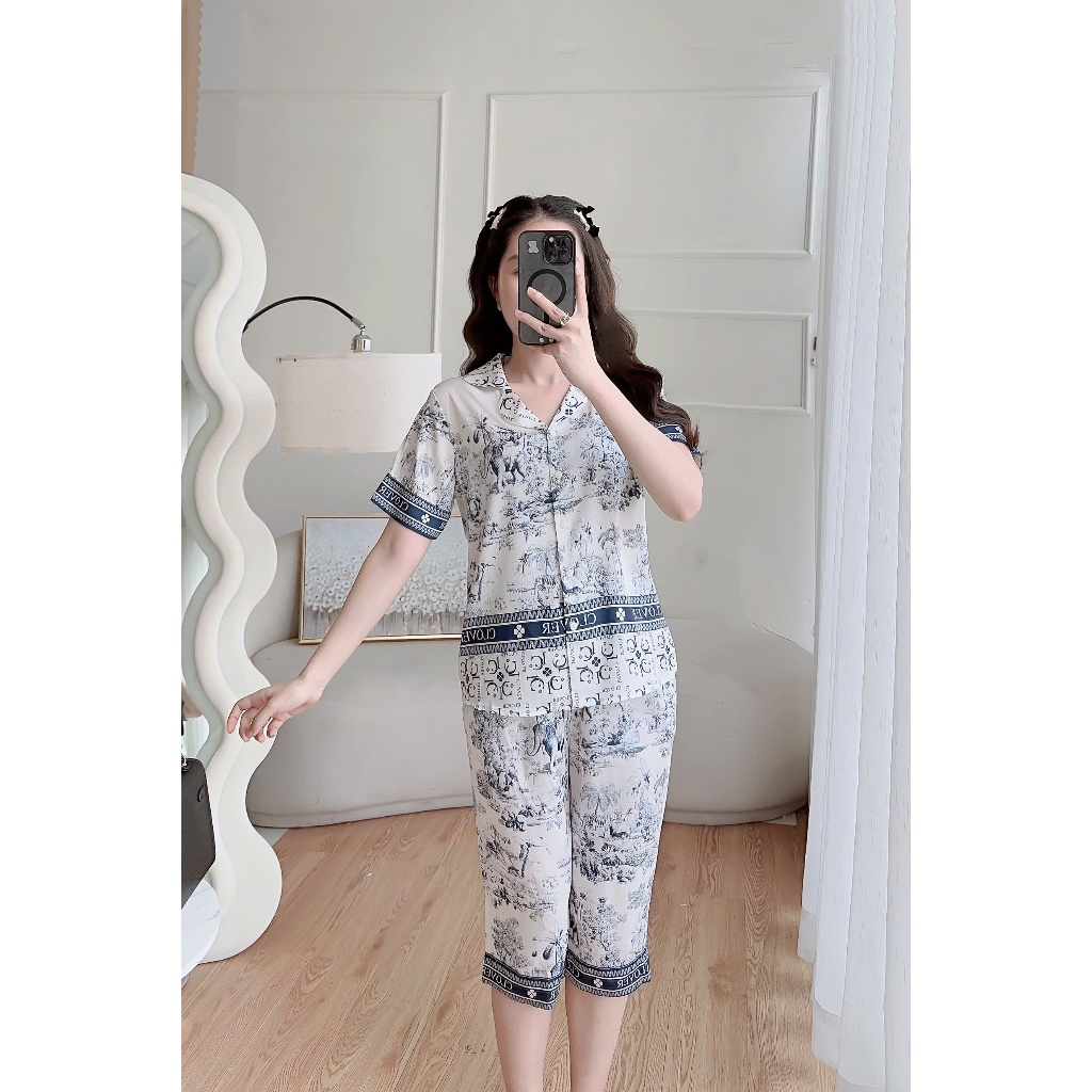 Bộ pyjama nữ Clover bộ lụa mặc nhà tay cộc quần lửng họa tiết voi rừng sang trọng [BLL24012]