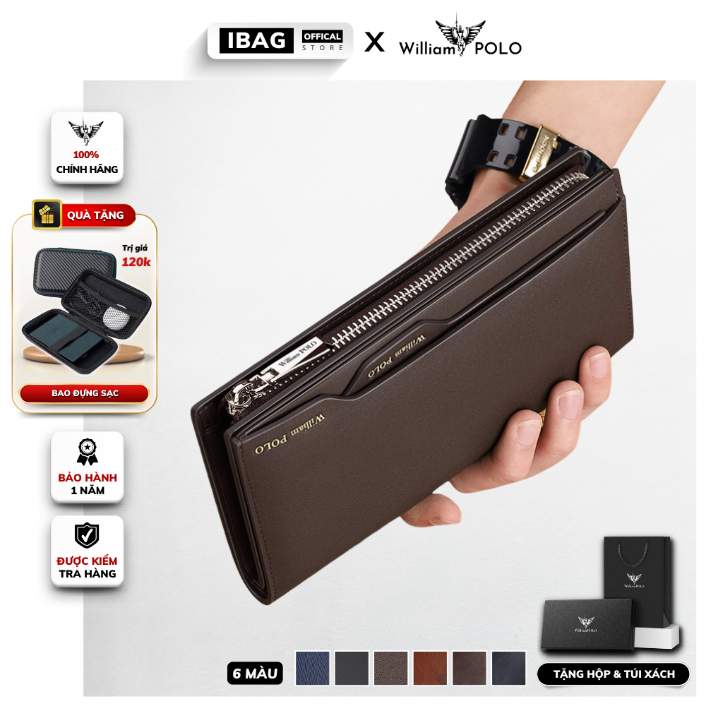 Ví nam dài cầm tay da bò chính hãng William POLO cao cấp ví đứng nam cầm tay full hộp đựng bóp nam da bò cao cấp- IB