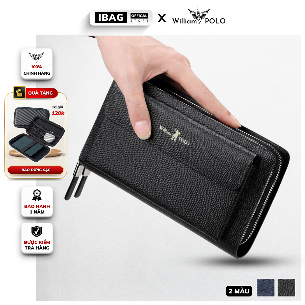 Ví Nam Cầm Tay Cao Cấp William Polo,chất Liệu Da Bò Thật Vân Xước,ví Dáng Dài Nam,thiết Kế Nhiều Ngăn,chống Nước- 𝑰𝑩𝑨𝑮