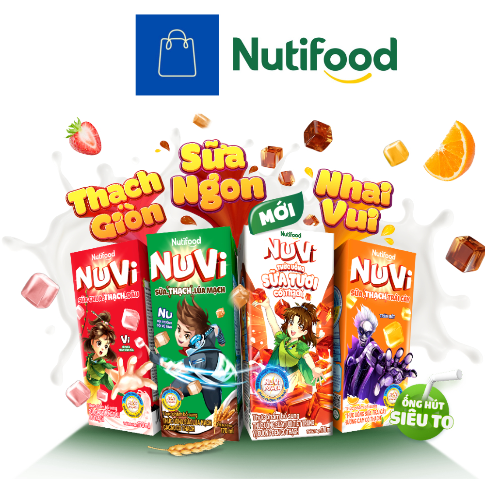 Lốc 4 Sữa Nuvi có thạch Đường đen/ Dâu / Cam / Socola lúa mạch Nutifood 110ml/180ml