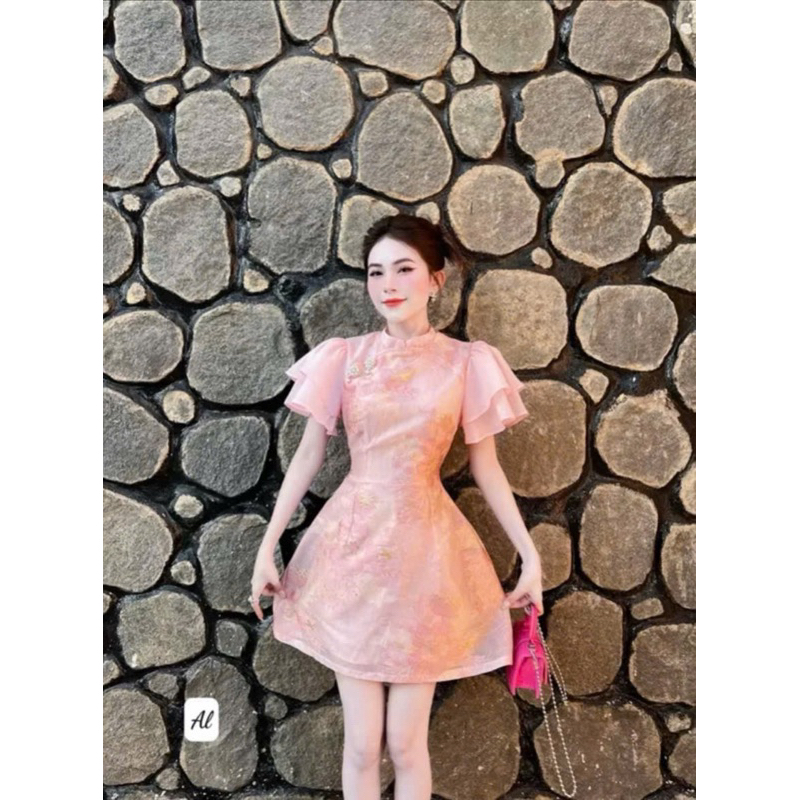 ĐẦM GẤM HOA TAY PHỒNG + TAG ĐÁ
