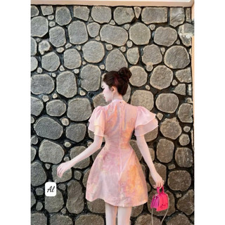ĐẦM GẤM HOA TAY PHỒNG + TAG ĐÁ