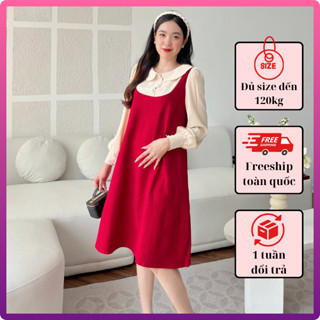 Váy bầu thu đông xinh màu đỏ Noel Đầm bầu mùa đông công sở bigsize dài tay thiết kế dáng suông tay dài by Miss Rita