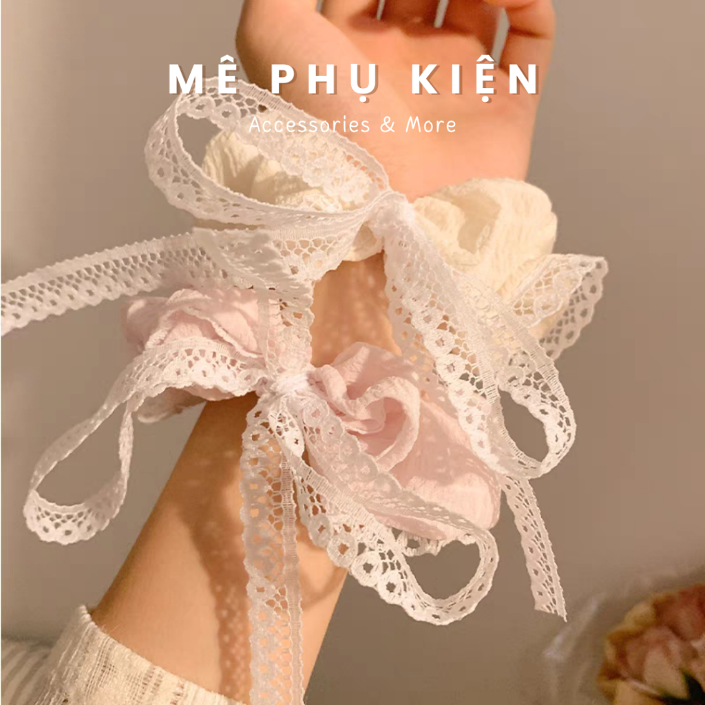Dây buộc tóc nữ, dây buộc tóc ren trắng, scrunchies MPK phối dây buộc nơ phụ kiện tóc 7CT1