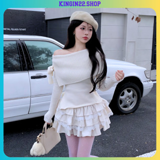 Set đồ nữ thu đông - Áo len trễ vai đính nơ mix với chân váy tầng viền ren tiểu thư sang chảnh kingin G145