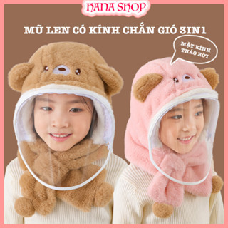 Mũ Len Lông Cừu Có Kính Chắn Gió Chống Giọt Bắn Bảo Vệ Bé, Mũ Len Trùm Đầu Liền Khăn Chống Bụi Cho Bé Trai Bé Gái