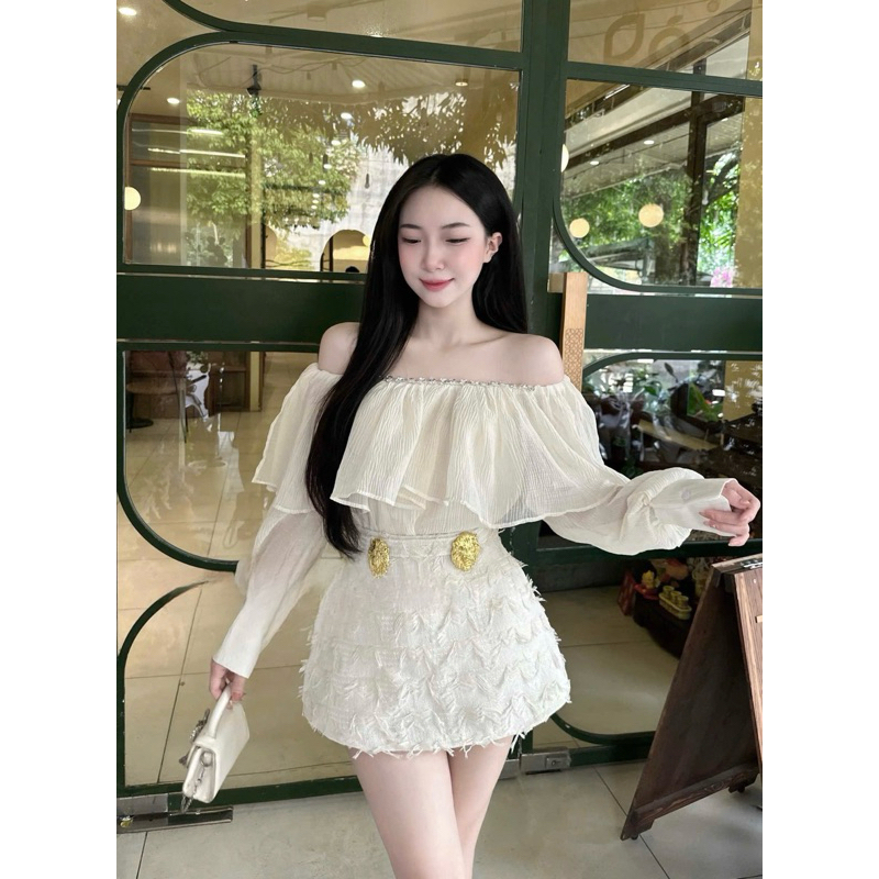 Sét áo tơ trễ vai đính đá mix chân váy dạ xoè ngắn kèm 2 tag 2 màu sét trẻ trung sang trọng sét đi tiệc đi chơi S123