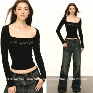(sẵn) Áo thun dài tay cổ vuông màu đen họa tiết chữ ARISEISM đính đá thời trang cá tính sexy ATDT020 - Tiktik