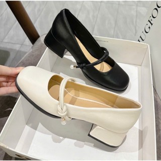 Giày cao gót da lỳ mịn dây xoắn ngang đính hạt ngọc xinh xỉu gót trụ chắc chân - 3P