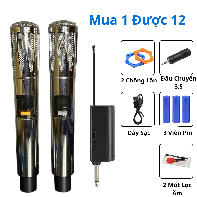 Micro Đa Năng KTV-368 Kim Loại ,Set tần số, Tăng vol trên thân mic, Pin Sạc Củ mic Shure hút âm karaoke