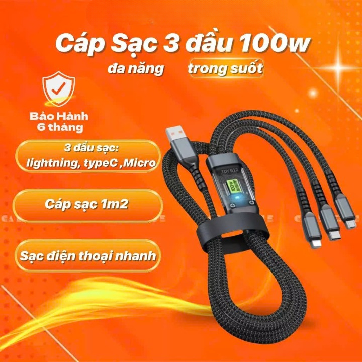 Dây cáp Sạc Tự Ngắt - Dây Cáp Sạc Dữ Liệu Sạc Nhanh 100W Micro USB Type C 3 Trong 1 - Clickbuy shop