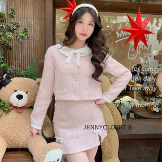 JENNYCLOSET ® Set dạ tiểu thư cao cấp bling bling , Áo khoác dạ tweed phối cổ bèo ( KÈM TAG NƠ)+ Chân váy chữ A đính nơ