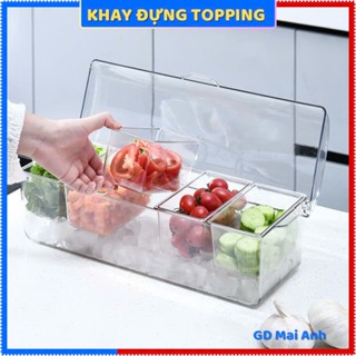Khay đựng topping, hộp đựng thực phẩm 4-5 ngăn, có khoang chứa đá ướp lạnh, chất liệu nhựa mica