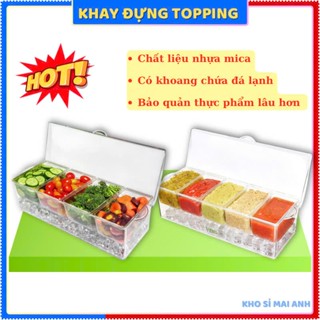 Hộp đựng thực phẩm, bộ khay đựng topping, chất liệu nhựa mica, kèm khoang chứa đá ướp lạnh.