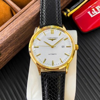 Đồng hồ L.o.n.g.i.n.e.s nam pin kim trôi (giả cơ) dây da Khung viền thép mạ vàng có lịch ngày