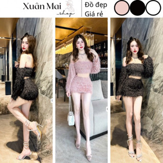 [FREESHIP] Set 2 món lông vũ áo trễ vai cúp ngực tay dài phối chân váy chữ A form ngắn 3 màu đen trắng hồng mặc Noel Tết