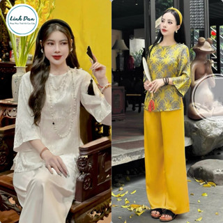 Bộ quần áo lam đi chùa thọ chất liệu tằm sợi dệt đính cúc tết cầu vai cao cấp - PP31