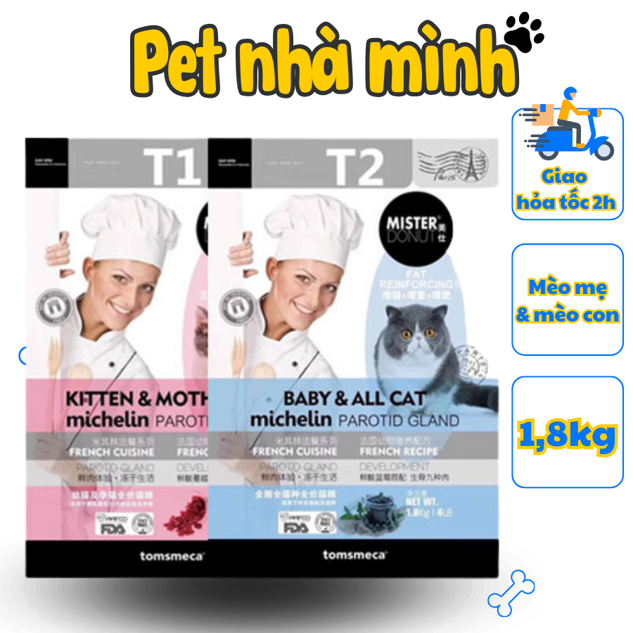 Hạt Mister Donut T1, T2 dành cho Mèo, kèm hạt thịt sấy phù hợp cho Mèo kén ăn