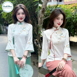 Bộ lam pháp phục quần áo đi chùa chất liệu đũi thái hoạ tiết thêu hoa cao cấp kèm cham - PP57