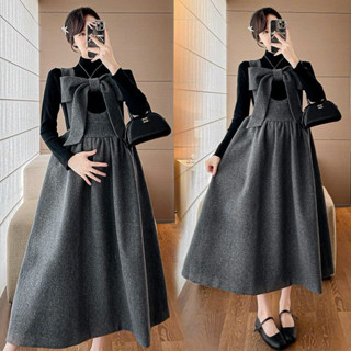  Set Yếm Bầu Thu Đông set yếm suông Yếm Dạ Nơ To xinh xắn Kèm áo tăm Dài Tay ấm áp tiểu thư nhẹ nhàng cho mẹ Bầu SY14 