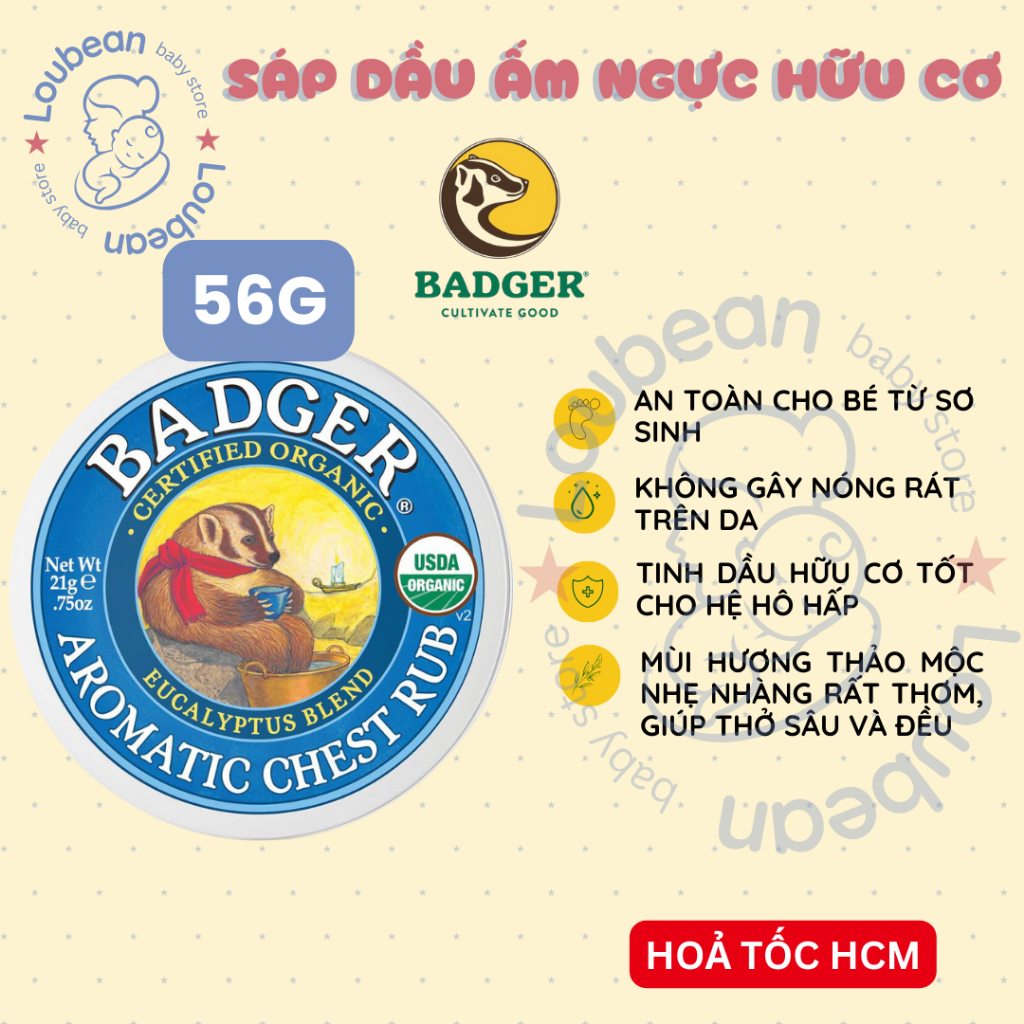 Date 11/2027 Sáp dầu ấm ngực hữu cơ BADGER Chest Rub giảm ho nghẹt mũi an toàn cho em bé 56g Loubean