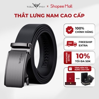Thắt lưng nam mặt bạc khóa gài William Polo, dây nịt nam da bò khắc logo thanh lịch POLO221795-96P