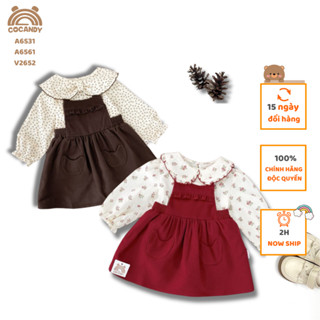  Yếm váy cho bé -Váy yếm nhung BE,ĐỎ,NÂU 2 túi ngực bèo và Áo dài BE hoa NÂU cổ nơ viền NÂU của COCANDY mã V265,A6531 