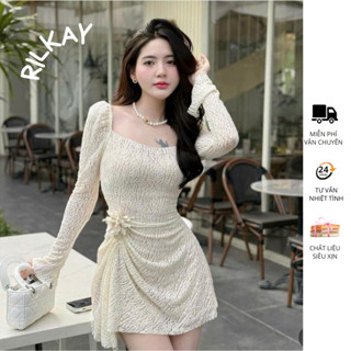  Váy ren nữ cổ vuông tay bồng dài tay dáng ngắn Váy ren phối màu thiết kế sang chảnh hàng may kỹ loại 1 