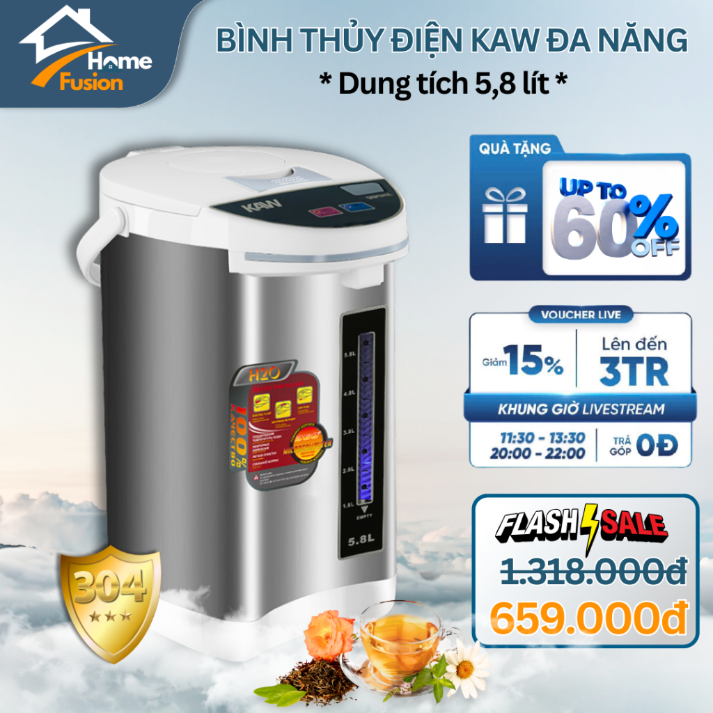 Bình Thủy Điện Đun Nước Nóng Giữ Nhiệt KAW - 5.8Lít, Công Suất 750W, Phù Hợp Cho Cả Gia Đình, Bảo Hành 12 Tháng