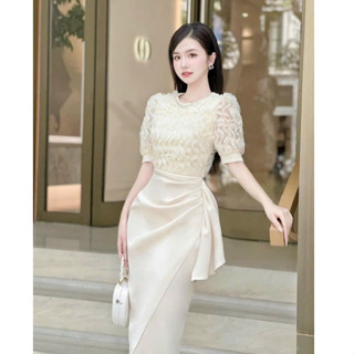  Đầm Nữ Dự Tiệc Cổ Ren Lượn Sóng Đính Đá Bling Nổ Tay Bồng Phối Chân Váy Midi Ôm Body Nhún Eo Sang Chảnh Thanh Lịch 